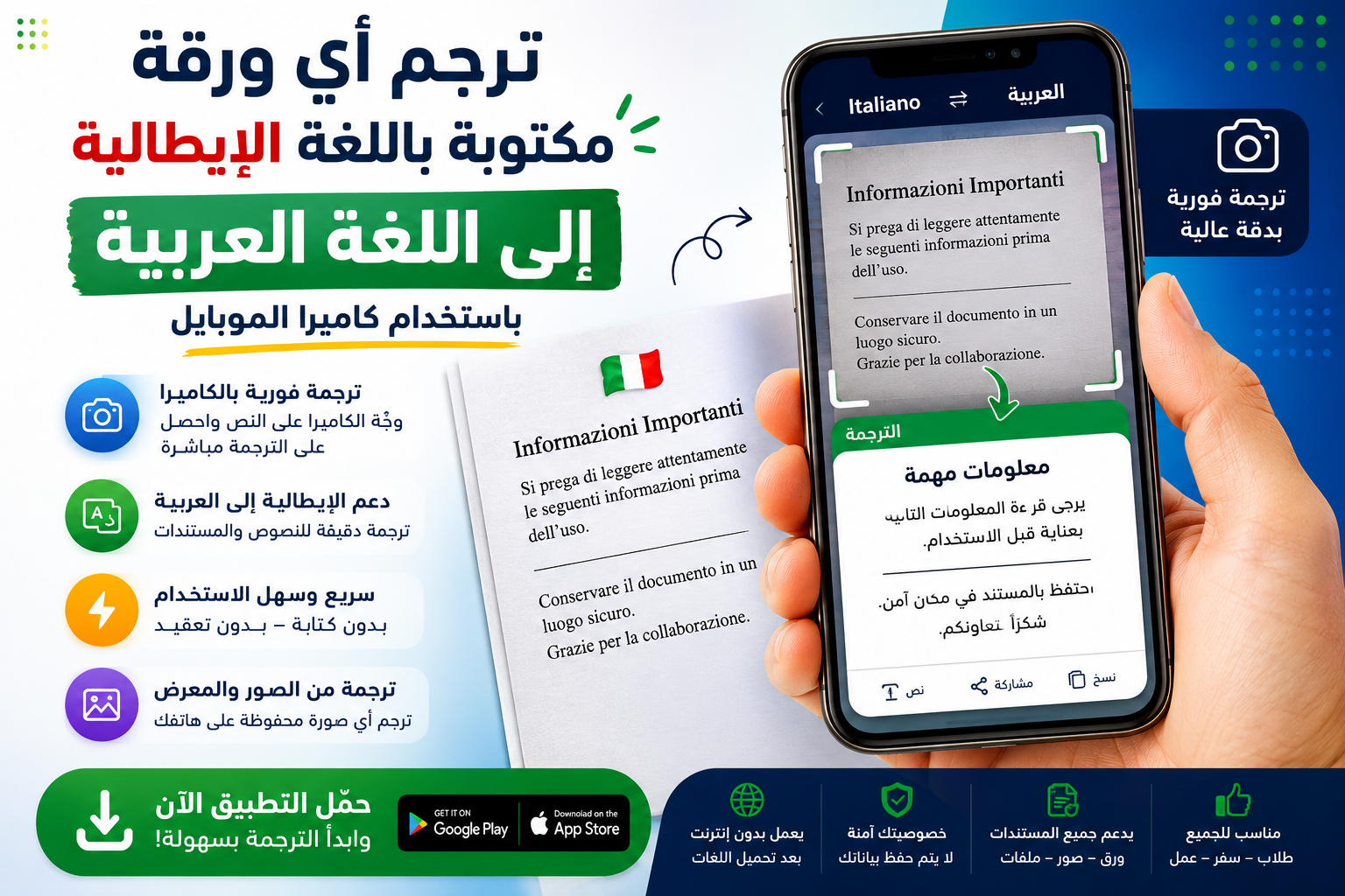 ترجم أي ورقة مكتوبة باللغة الإيطالية إلى اللغة العربية